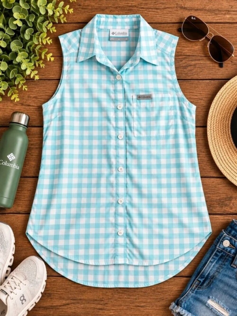 Columbia Women’s Sleeveless Button Down Shirt M Aqua Gingham Plaid Outdoor